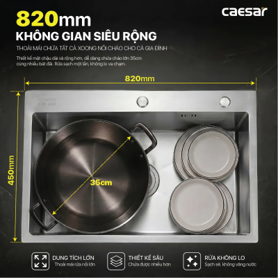 KSH01H082SX - Chậu chén 1 hộc, inox 304 cao cấp, 82 x 45 cm